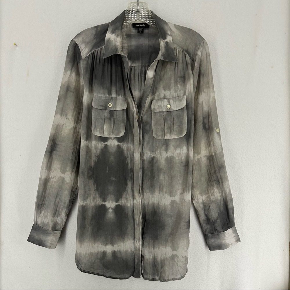 Lord & Taylor Long Button Pocket Sleeve Shirt Tie Dye Women’s M Grey